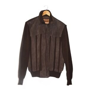 Windbreaker Leather Knit Bomber Jacket Men's Size XL Brown Full‎ Zip